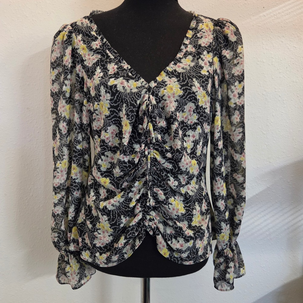 Cinq a Sept Womens Floral V-Neck Ruched Long Sleeve Blouse Black Multi Sz Lg